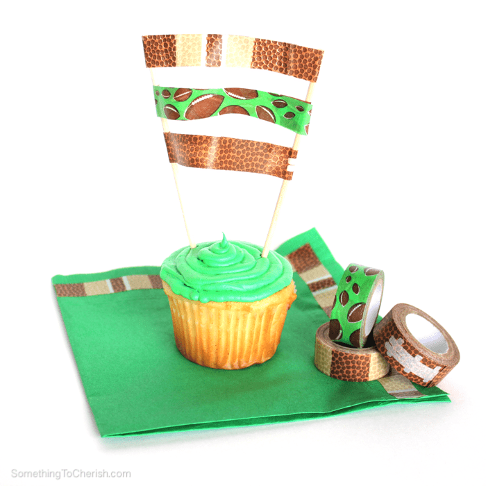 Football washi tape transforms party plates, napkins, and cups for game day!