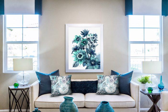 Indigo Turquoise Aqua Floral Watercolor Print and Accent Pillows by Cherish Flieder Rug Wall Hanging - Something to Cherish